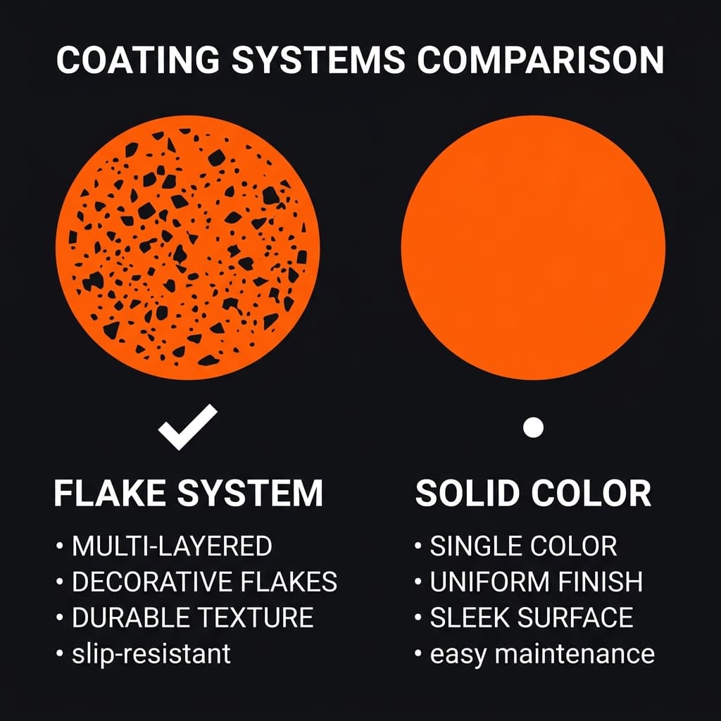 2D technical infographic comparison chart between flake and solid color epoxy floors